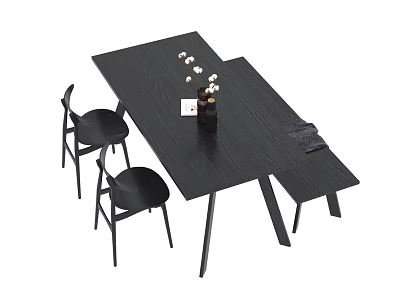 Modern Dining Table Set With Black Wooden Table Minimalist Chairs And Decorative Items 3d model