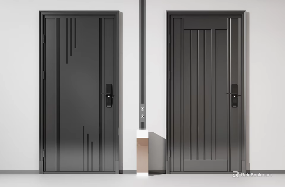 Black Swing Doors with Modern Vertical Lines and Sleek Handle Design for Contemporary Interior 3d model 