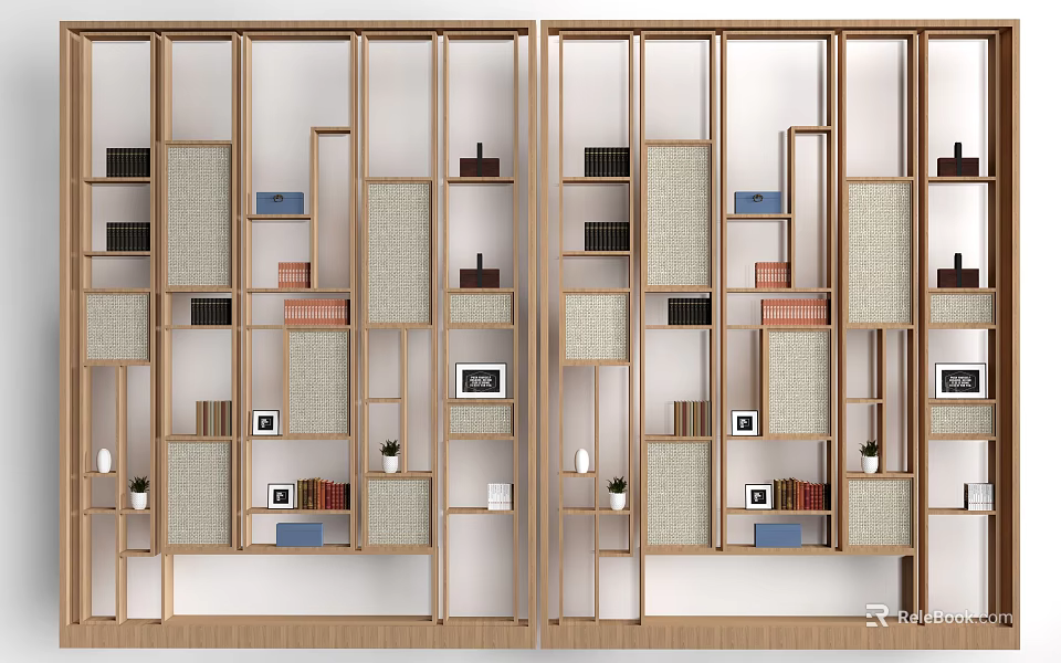 Modern Wooden Decorative Cabinet With Open Shelves And Decorative Items 3d model 