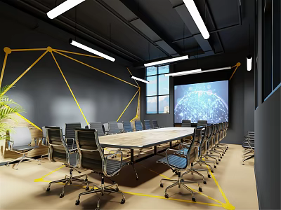 Modern Conference Room Interior Design With Long Table Chairs Projection Screen And Geometric Wall Lines 3d model