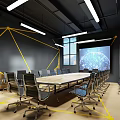 Modern Conference Room Interior Design With Long Table Chairs Projection Screen And Geometric Wall Lines