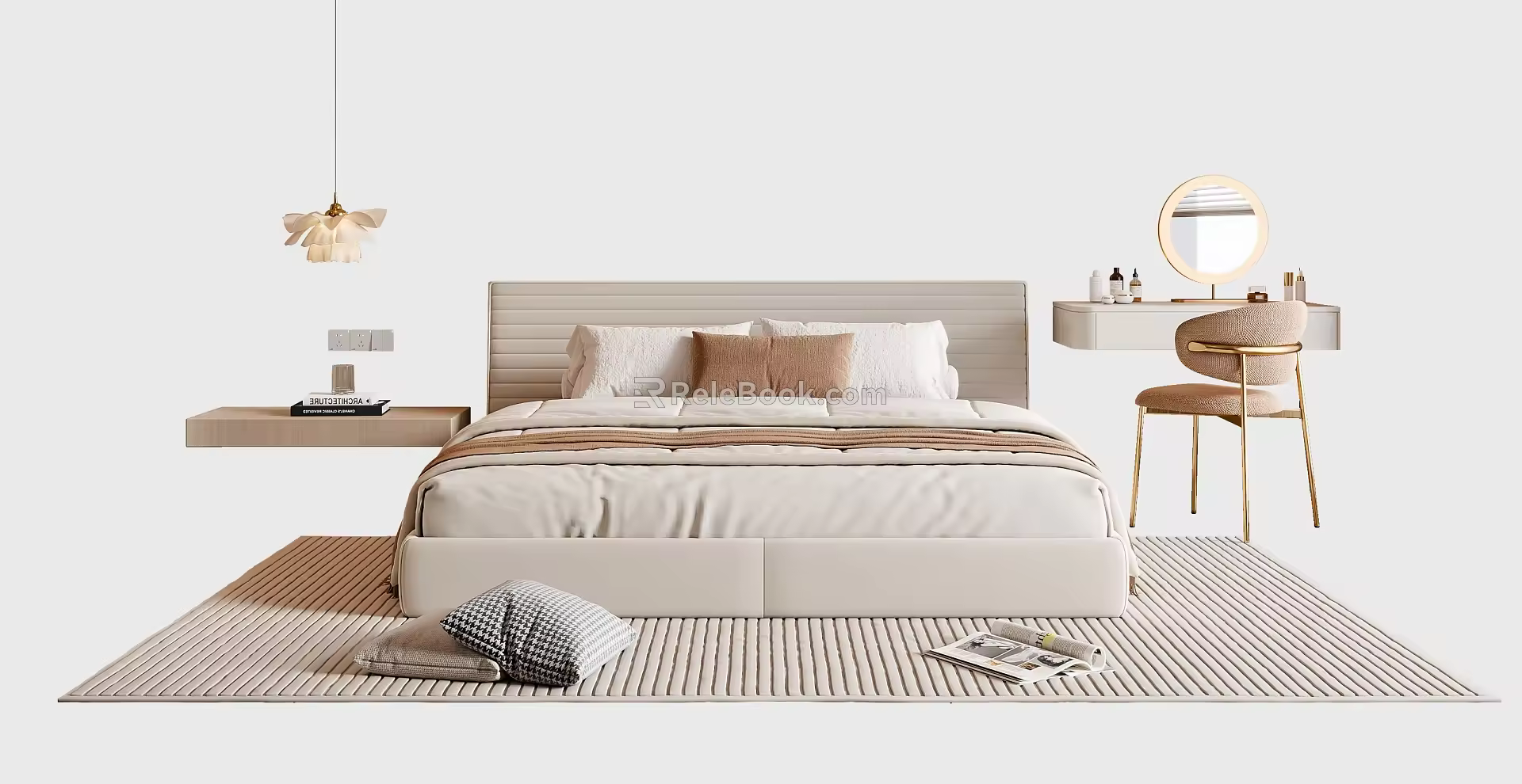 Modern Cream Style Double Bed Fabric Double Bed Dressing Table Single Chair 3d model