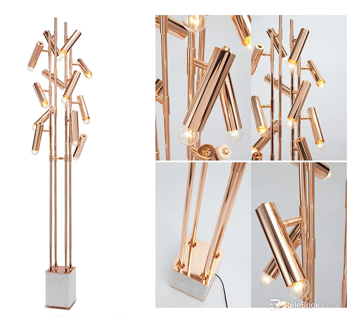 Modern Copper Floor Lamp With Multiple Adjustable Arms And Stone Base Design 3d model