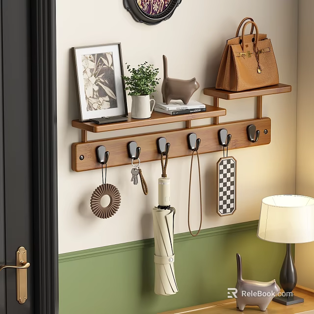 Wooden Wall Mounted Shelf With Hooks For Keys And Decorative Items In Indoor Space 3d model 