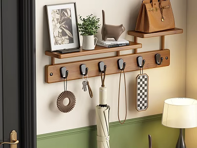 Wooden Wall Mounted Shelf With Hooks For Keys And Decorative Items In Indoor Space 3d model