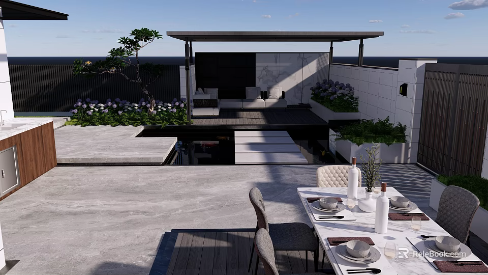 Modern Courtyard Garden Terrace Space With Pergola Dining Table Chairs And Plants Water Feature 3d model 