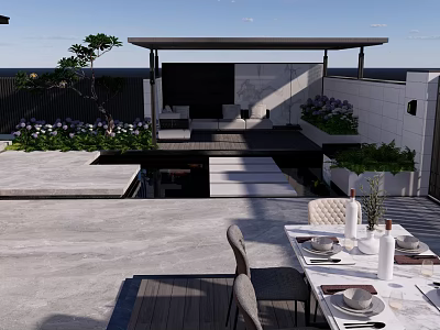 Modern Courtyard Garden Terrace Space With Pergola Dining Table Chairs And Plants Water Feature 3d model