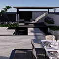 Modern Courtyard Garden Terrace Space With Pergola Dining Table Chairs And Plants Water Feature