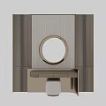 Modern Wooden Dressing Table With Round Gold Frame Mirror And Vertical Striped Backdrop
