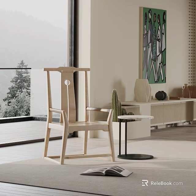 Wooden Modern Leisure Chair In Living Room With Side Table And Scenic View 3d model 