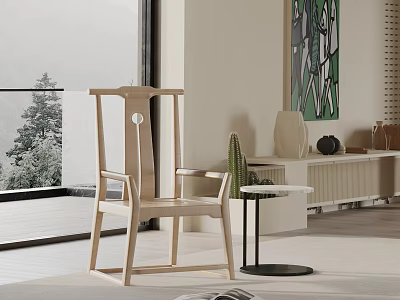 Wooden Modern Leisure Chair In Living Room With Side Table And Scenic View 3d model