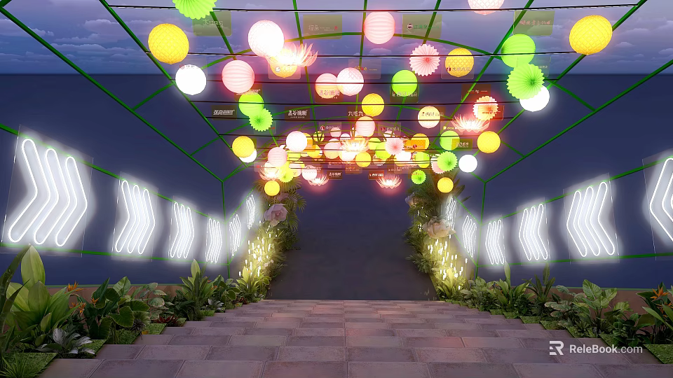 Floral Decor Archway With Colorful Lanterns Illuminated Lights Green Plants And Brick Pathway 3d model 