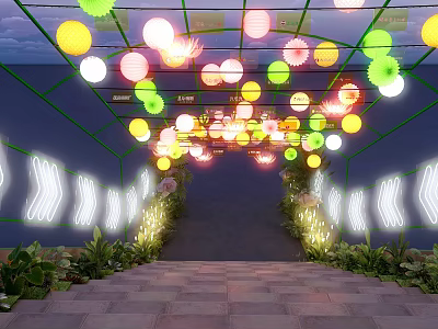 Floral Decor Archway With Colorful Lanterns Illuminated Lights Green Plants And Brick Pathway 3d model