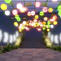 Floral Decor Archway With Colorful Lanterns Illuminated Lights Green Plants And Brick Pathway