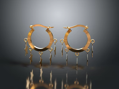 Elegant Shiny Gold Hoop Earrings With Decorative Pendants And Reflective Design 3d model