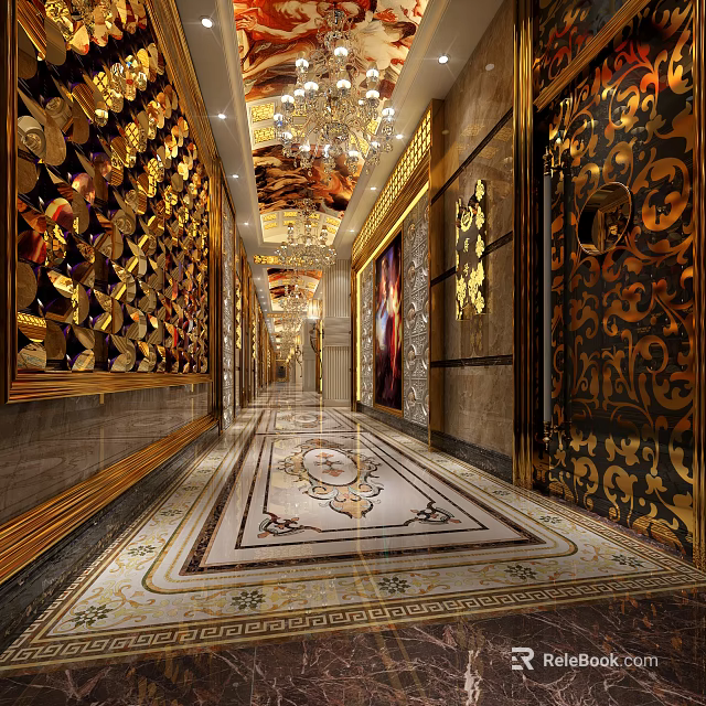 Luxury KTV Corridor With Elegant Golden Decor And Marble Floor Design 3d model 
