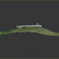 Outdoor Circular Bunker Structure In Square Green Grassy Area With Dirt Path And Stone Steps