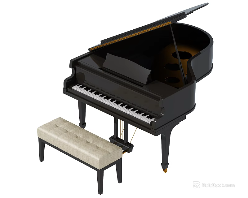Polished Black Grand Piano with Beige Upholstered Bench for Home Music Room 3d model 
