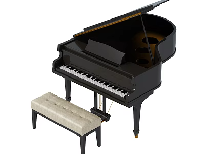 Polished Black Grand Piano with Beige Upholstered Bench for Home Music Room 3d model