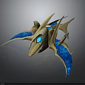 Futuristic Cosmic Spaceship with Golden Body and Blue Wing Structure in Aerospace Design