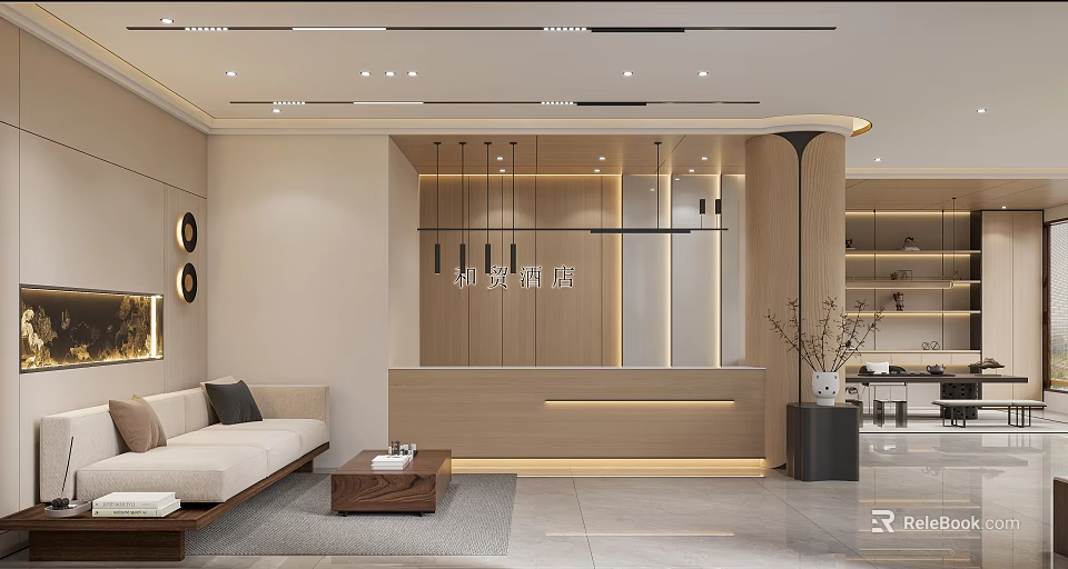 Elegant Modern Hotel Lobby Interior Design With Wooden Reception Desk And Cozy Sofa Seating 3d model 