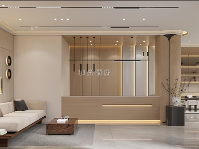 Elegant Modern Hotel Lobby Interior Design With Wooden Reception Desk And Cozy Sofa Seating 3d model