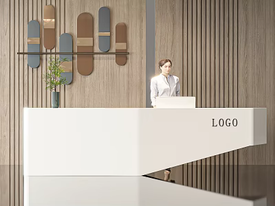 Modern Office Reception Desk with White Counter LOGO Wooden Backdrop and Professional Female Receptionist 3d model