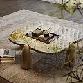 Modern Coffee Table with Marble Top and Wooden Legs Tray Near Open Book on Rug