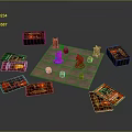 Board Game Setup With Colored Game Pieces Cards And Boxes On Game Board 3d model