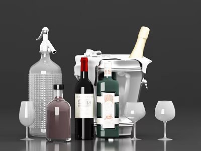 Elegant Wine Bottles And Glasses Display With Champagne Bucket And Seltzer Bottle 3d model