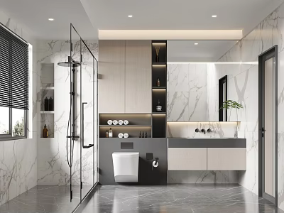 Modern Bathroom Interior With Marble Walls Shower Area Vanity Toilet And Mirror Lighting 3d model