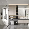 Modern Bathroom Interior With Marble Walls Shower Area Vanity Toilet And Mirror Lighting