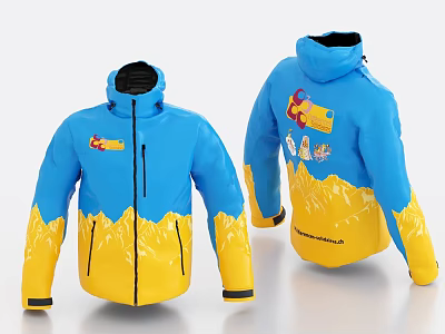 Blue and Yellow Gradient Hooded Jacket with Mountain Pattern and Logo on Front and Back 3d model