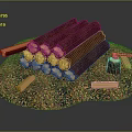 Stacked Natural Wood Logs on Stone Base with Scattered Wooden Pieces