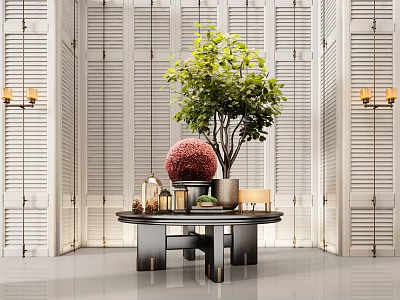 Modern Luxury Entryway Side Cabinet With Exquisite Ornaments And Fresh Potted Green Plant 3d model
