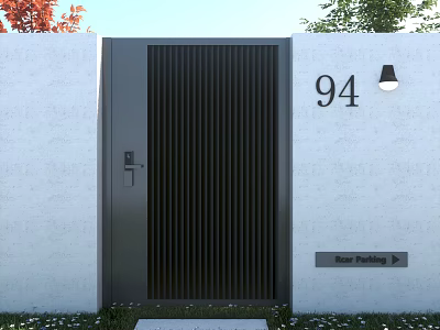 Modern Facade With Black Slatted Door House Number 94 Wall Light And Rear Parking Sign 3d model