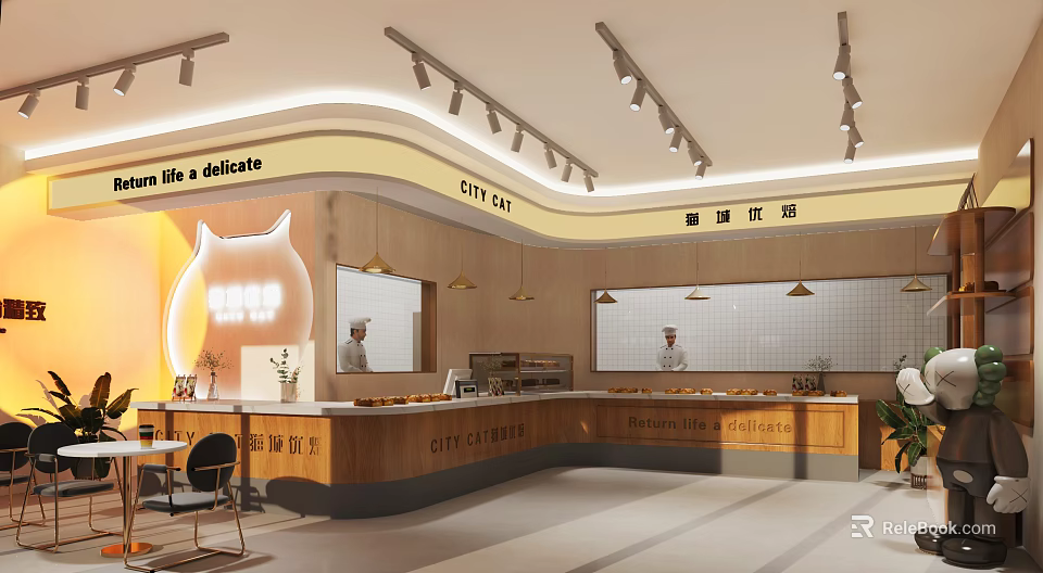 Warm City Dessert Shop Interior With Open Layout Wooden Counter And Pendant Lights 3d model 