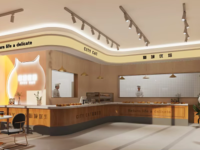 Warm City Dessert Shop Interior With Open Layout Wooden Counter And Pendant Lights 3d model
