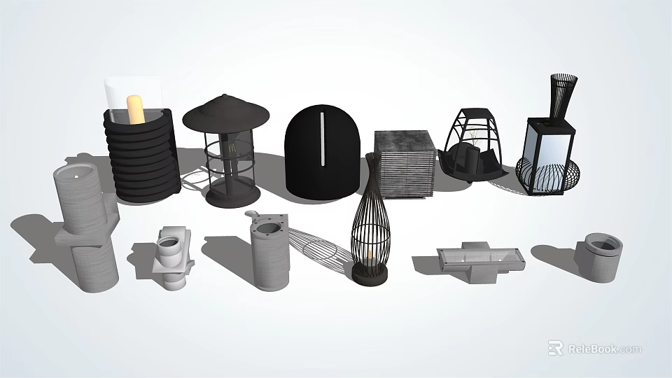 Various Modern Outdoor Lights With Different Shapes And Decorative Metal Frames 3d model