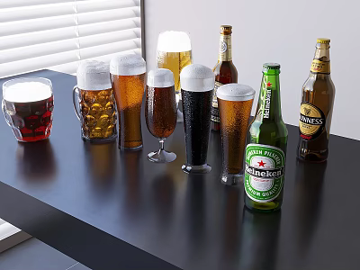 Assorted Beer Bottles And Frothy Glasses With Various Colored Drinks On Black Table 3d model