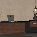 Modern Wooden Reception Desk with Computer Vase Plant Logo Sign and Hanging Lamp