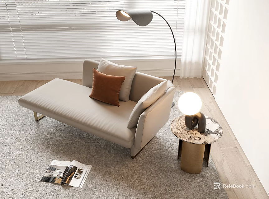Modern Light Beige Chaise Lounge With Floor Lamp Round Side Table And Area Rug 3d model 