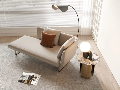 Modern Light Beige Chaise Lounge With Floor Lamp Round Side Table And Area Rug 3d model