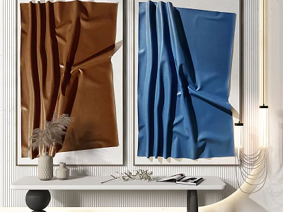 Two Brown And Blue Fabric Paintings Hanging On Wall With Table And Decorations 3d model