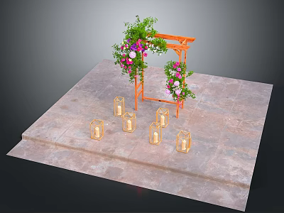 Park Landscape With Orange Archway Green Plants Pink Purple Flowers Golden Lanterns On Stone Platform 3d model