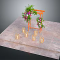 Park Landscape With Orange Archway Green Plants Pink Purple Flowers Golden Lanterns On Stone Platform
