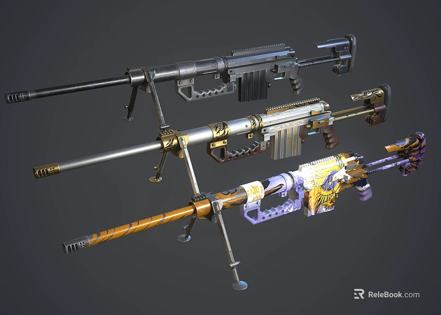 Weapon Collection Featuring Sniper Rifles With Different Designs And Decorative Details 3d model 