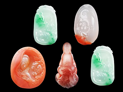 Natural Colorful Jade Carved Pendants With Lotus Figure Dragon Designs 3d model