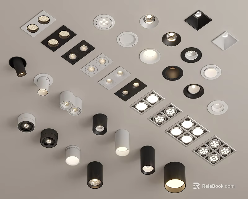 Various Black and White Downlights and Spotlights with Recessed and Surface Mounted Designs 3d model 