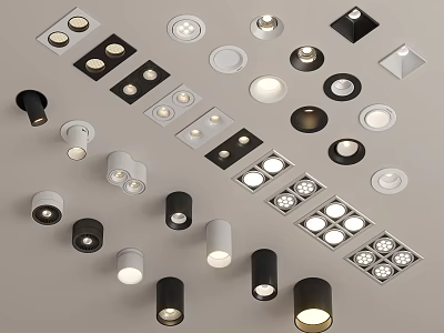 Various Black and White Downlights and Spotlights with Recessed and Surface Mounted Designs 3d model
